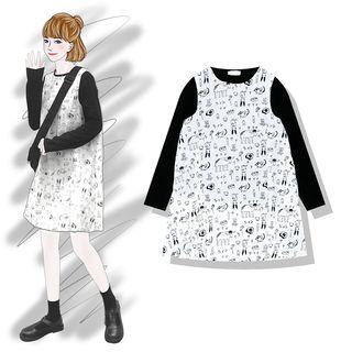 Printed Sleeveless A-line Dress / Long-sleeve T-shirt