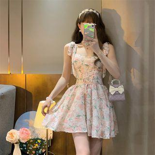 Spaghetti Strap Floral Lace-up Mini Corset Dress