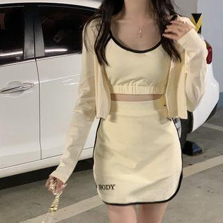 Hooded Zip Cropped Jacket / Contrast Trim Cropped Camisole Top / Letter Embroidered Mini Pencil Skirt