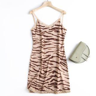Spaghetti Strap Lace Trim Tiger Print Mini Dress