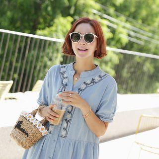 Open-placket Embroidered-detail Denim Dress