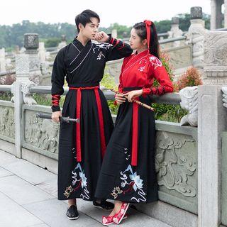 Couple Matching Embroidered Hanfu Top / High-waist Maxi A-line Skirt / Open Front Long Jacket / Set