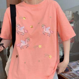 Cartoon Horse Embroidered Short-sleeve T-shirt