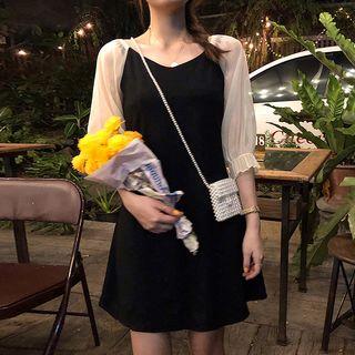 3/4-sleeve Sheer Panel Mini Dress Black - One Size