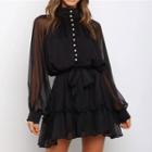 Puff-sleeve Mock-turtleneck A-line Dress
