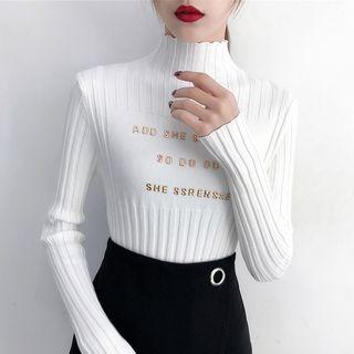 Fleece-lined Mock Neck Ribbed Knit Top