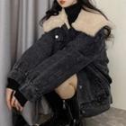 Fluffy Collar Denim Jacket / Mock-turtleneck Ribbed Knit Dress