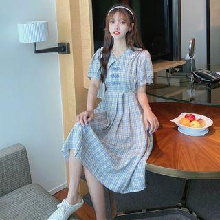Plaid Frog-button Short-sleeve Midi A-line Dress