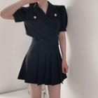 Set: Short-sleeve Tie-waist Crop Top + Pleated Mini A-line Skirt