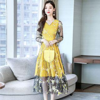 Flower Embroidered Mesh Panel Long-sleeve Midi A-line Dress