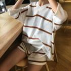 Set: Elbow-sleeve V-neck Knit Top + Shorts
