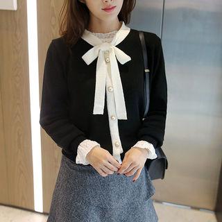Tie-neck Faux-pearl Button Cardigan
