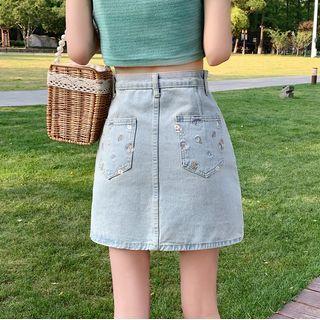 High-waist Floral Embroidered Denim Mini Skirt