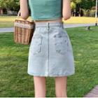 High-waist Floral Embroidered Denim Mini Skirt