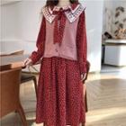 Lace Trim Dotted Long-sleeve Midi A-line Dress / Chunky Knit Vest