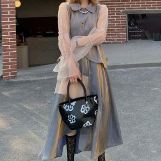 Puff-sleeve Iridescent Shirt / Midi A-line Skirt