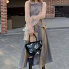 Puff-sleeve Iridescent Shirt / Midi A-line Skirt