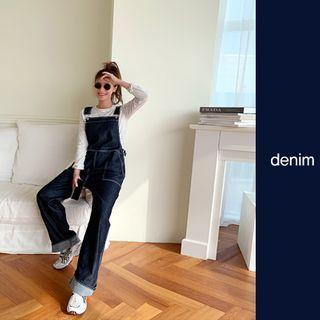 Stitched Denim Overall Pants Dark Blue - One Size