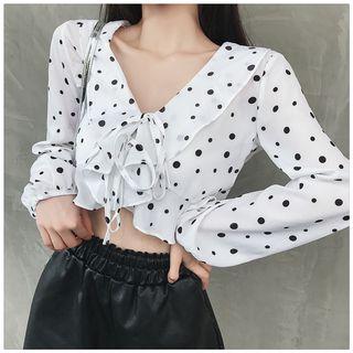 Cropped Ruffle-trim Dotted Blouse