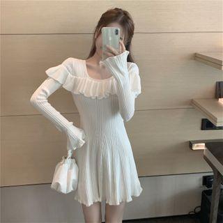 Ruffled Square-neck Knit Dress White - One Size