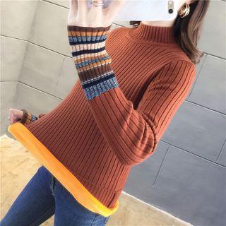 Striped Panel Mock-turtleneck Rib Knit Top