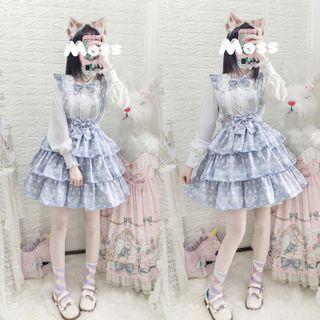 Dotted Tiered A-line Jumper Skirt / Peter Pan Collar Blouse