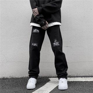 Distressed Paisley Print Panel Straight Leg Jeans