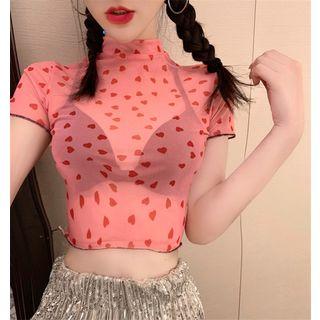 Heart Print Short-sleeve Crop Top