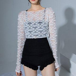 Set: Spaghetti-strap Swimsuit + Long-sleeve Lace Top
