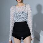 Set: Spaghetti-strap Swimsuit + Long-sleeve Lace Top