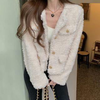Long-sleeve Plain Fleece Cardigan White - One Size