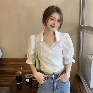 Puff-sleeve Tie-strap Cropped Blouse