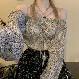 Lantern-sleeve Drawstring Leopard Halter Top / High-waist Print Pants