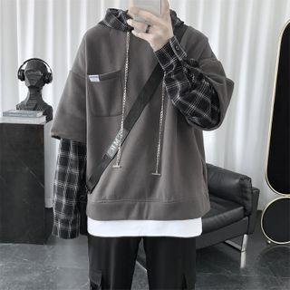 Mock Two-print Plaid Hoodie