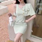 Sleeveless Mini Sheath Dress / Short-sleeve Cropped Button Jacket