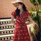 Short-sleeve Floral Print Tie-waist Maxi A-line Dress
