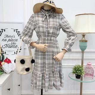 Tie-neckline Ruffled-trim Plaid A-line Dress