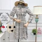 Tie-neckline Ruffled-trim Plaid A-line Dress