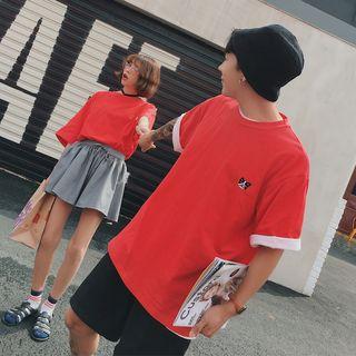 Couple Matching Dog Embroidered Elbow-sleeve T-shirt