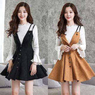 Set: Bell-sleeve Top + A-line Pinafore Dress