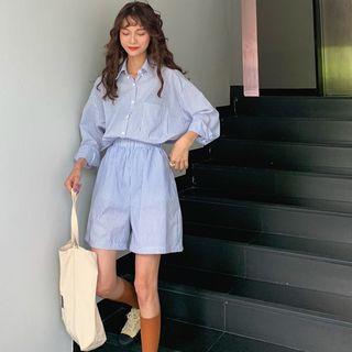 Striped Long-sleeve Loose-fit Shirt / Striped Shorts