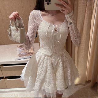 Spaghetti-strap Lace Mini A-line Dress / Striped Jacket