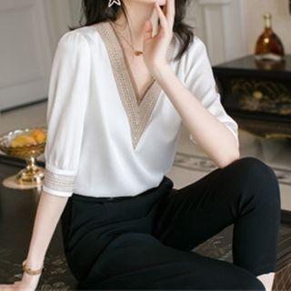 Elbow-sleeve Embroidered Satin Blouse