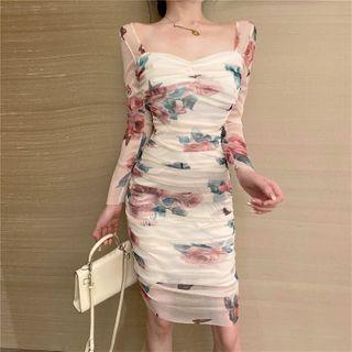Long-sleeve Floral Mesh Mini Dress