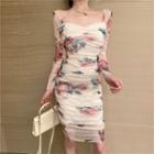 Long-sleeve Floral Mesh Mini Dress