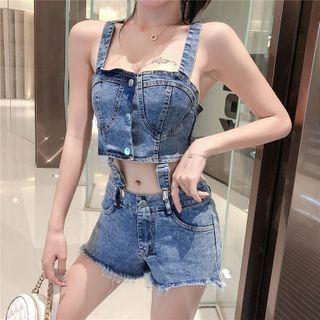 Set: Denim Cropped Tank Top + Distressed Shorts