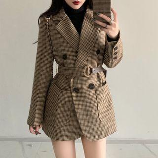Belted Double-breasted Plaid Jacket As Shown In Figure - One Size
