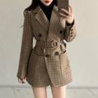 Belted Double-breasted Plaid Jacket As Shown In Figure - One Size