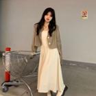 Open-back Crop Blazer / Spaghetti Strap Midi A-line Dress