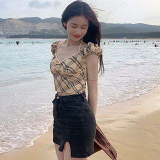 Cap-sleeve Plaid Top Yellow - One Size